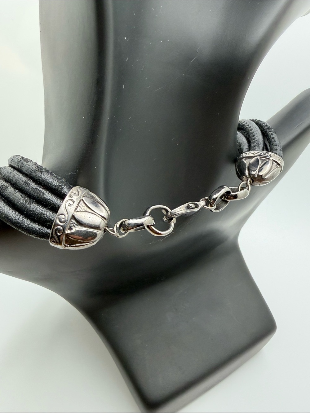 Modern Black Multi-Strand Leather Necklace with Brushed Silver Accents - Picture 7 of 7